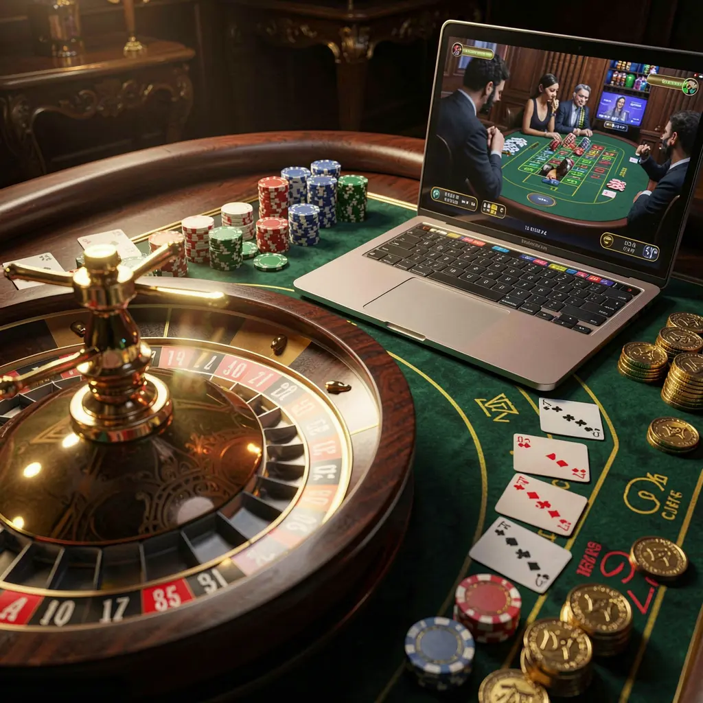 FW 888 – Enjoy premium online casino entertainment tailored for Indonesia Luxury online casino setup with a roulette wheel, stacked chips, playing cards, and a laptop showing live gameplay representing the premium experience at FW 888 casino for Indonesian players