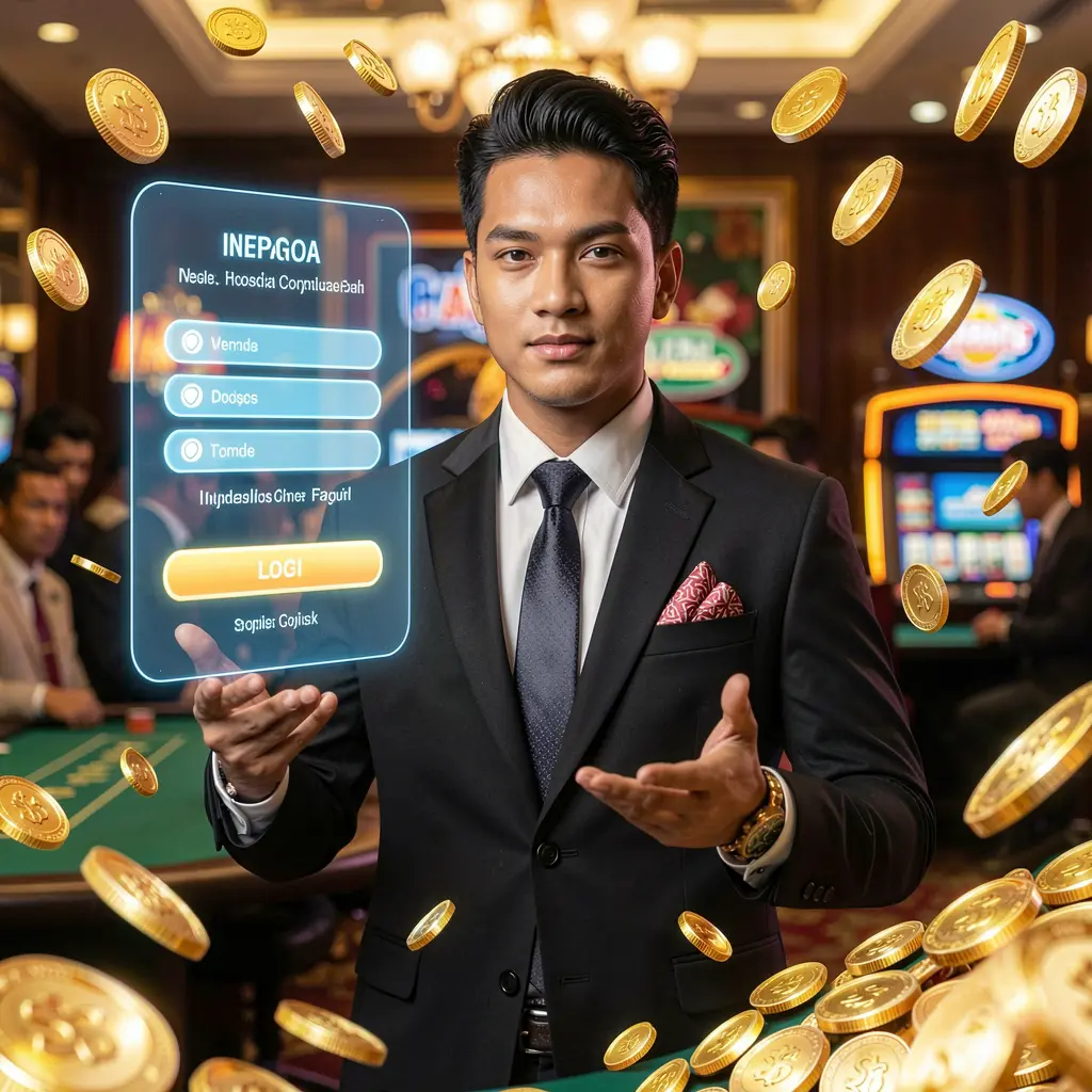 Stylish Indonesian casino ambassador welcoming players to the FW 888 login interface with glowing lights and floating coins